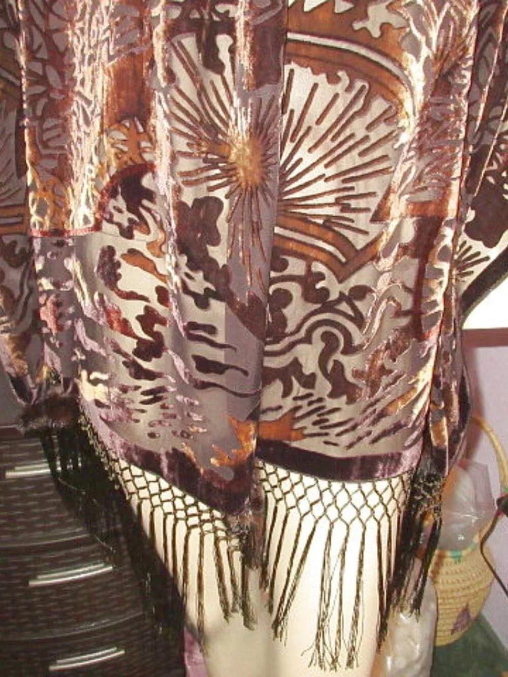 Vtg Velvet Burnout Scarf Sheer Luxurious Neck Wrap Shawl Poms Fringe Crochet EUC